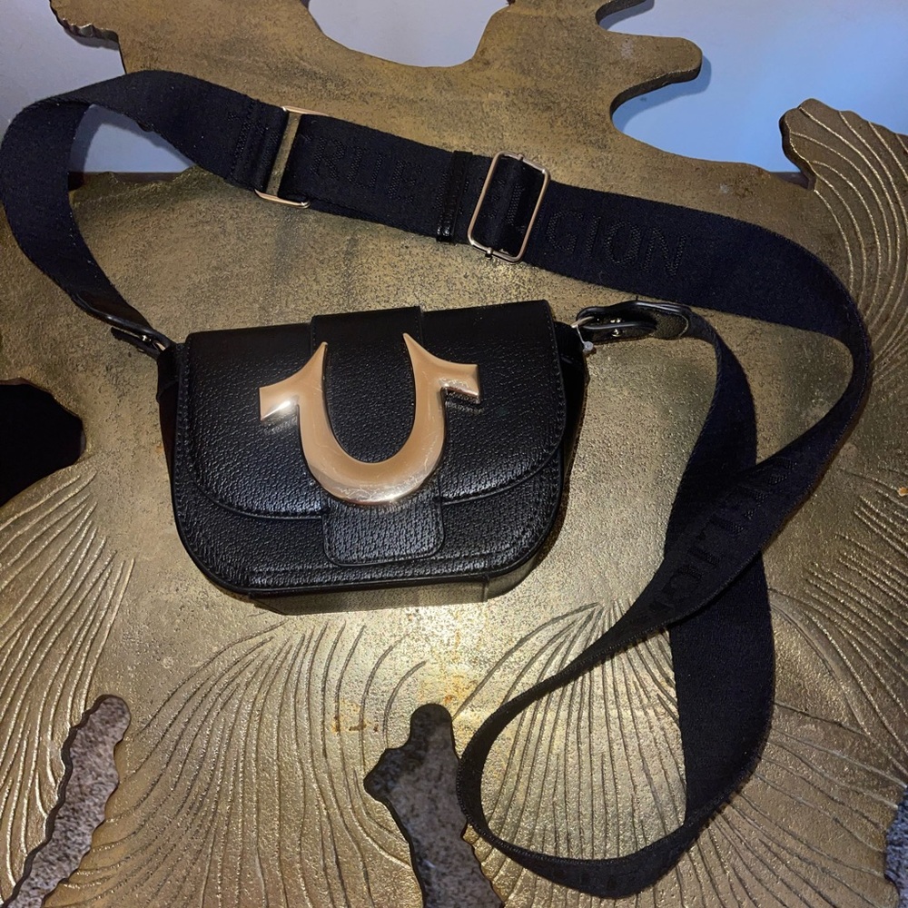 True Religion Black and Gold Crossbody Bag